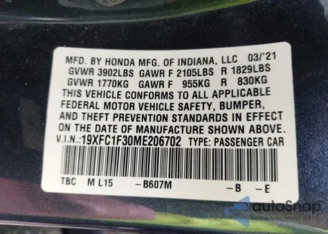 2021 Honda Civic Ex from USA, damaged, VIN 19XFC1F30ME206702